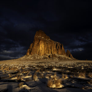 Warm morning sunlight lighting up Shiprock on a freezing cold morning