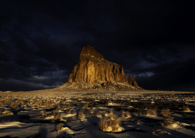 Warm morning sunlight lighting up Shiprock on a freezing cold morning