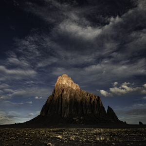 Morning light torching the tip of Shiprock