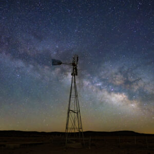 Windmill and Milky Way under a dark New Mexico sky